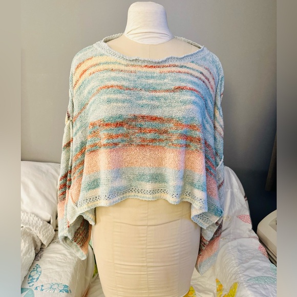 Free People Saturn Pastel Striped Knit Poncho Shrug Sweater S M L - Picture 13 of 16